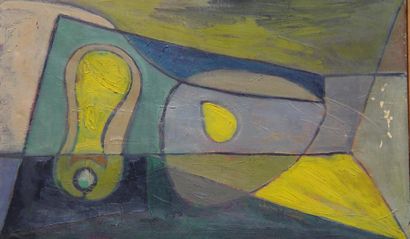 Ecole Abstrait "Abstrait jaune et vert" Huile sur toile, signature en bas à gauche...