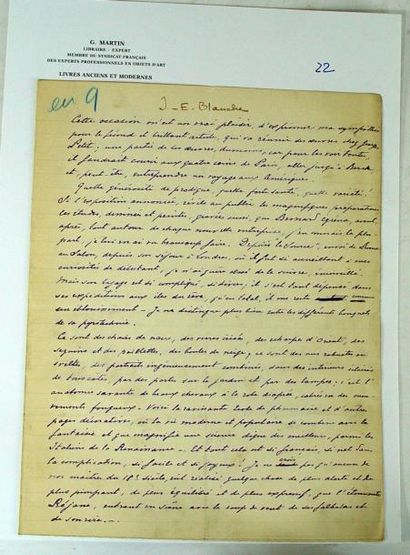 BLANCHE (Jacques Emile) "A.Besnard". Manuscrit autographe, signé, deux pages In-4....