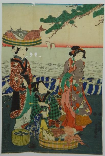 null TOYOKUNI "Trois jeunes femmes se reposant de leurs pêche en bordure de mer"...
