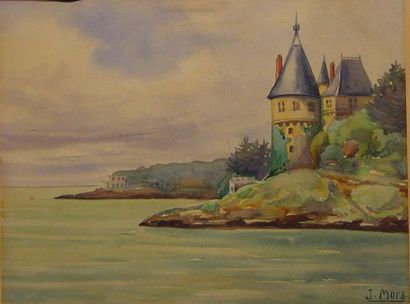 J.MORA "Château au bord du lac" Aquarelle signée en bas à droite Dim: 23 x 31 cm