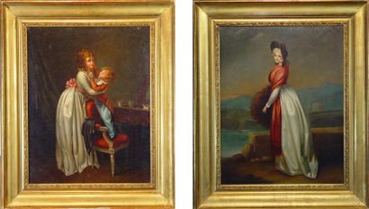 ECOLE FRANCAISE XIXè "Femme, enfant et Elégante" Deux peintures sur toiles formant...
