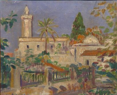 ECOLE FRANCAISE XIXè "Villa au palmier" Huile sur toile, signature en bas à gauche...