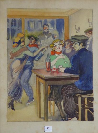René BLAISE "Danseurs au café" Aquarelle, signée milieu droite et datée 1919 Dim:...
