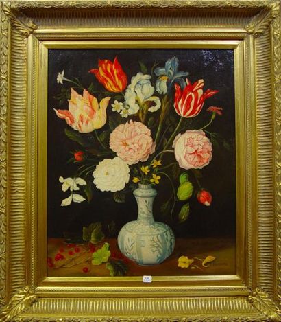 BRUEGHEL (d'après) "Vase de fleurs" Huile sur toile. Reproduction Dim: 59 x 49 c...