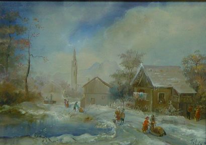 TOLDY "Village sous la neige" Huile sur panneau Dim: 13 x 18 cm