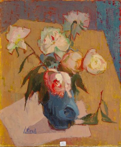 RIVEL "Vase de roses" Huile sur toile signée en bas à gauche Dim: 55 x 46 cm