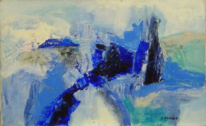 LASNIER "Composition en bleu" Huile sur toile signée en bas à droite Dim: 38 x 61...