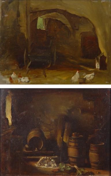 Paul RIQUET "Cave et étable" Deux peintures sur panneau et isorel Dim: 26 x 33 c...