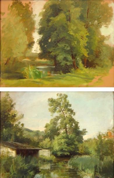 Paul RIQUET "Lavoir et étang" Deux peintures sur panneau signées en bas à gauche