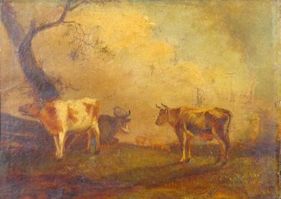 ECOLE FRANCAISE "Vaches" Huile sur panneau Dim: 30 x 40 cm