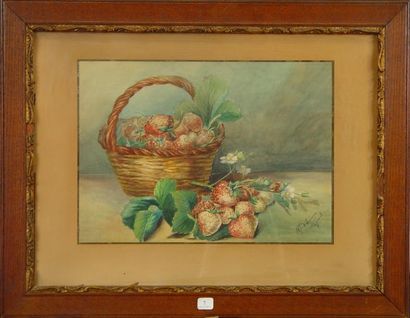 Marguerite TOUCAS de LESPINOIS "Panier de fraises" Aquarelle signée en bas à droite...