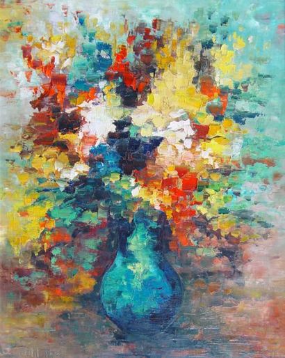 Paul PETIT "Vase de fleurs" Huile sur toile signée en bas à gauche Dim: 80 x 63 ...