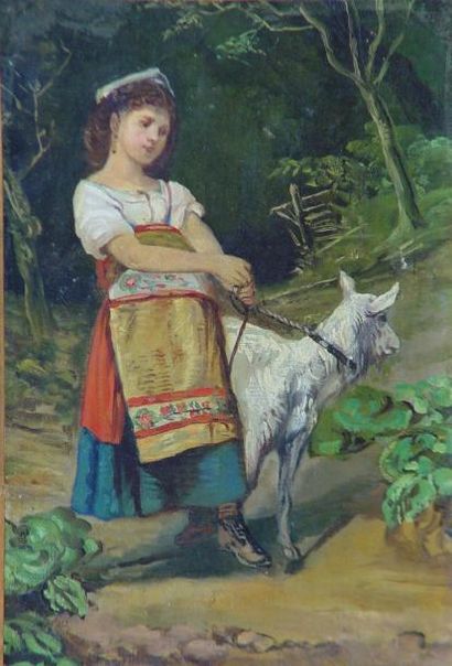 École italienne "Bergère et sa chèvre" Huile sur toile Dim: 27 x 19 cm