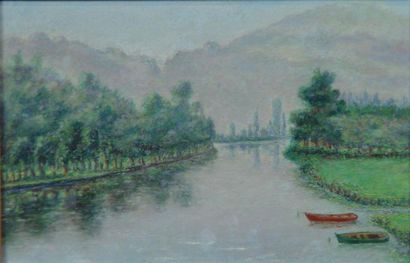ECOLE FRANCAISE "Paysage à la rivière" Huile sur panneau Dim: 22 x 33 cm