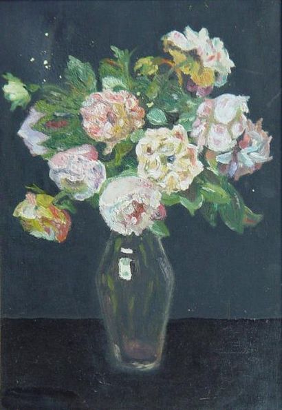 ECOLE FRANCAISE "Vase de fleurs" Huile sur toile Dim: 35 x 24 cm