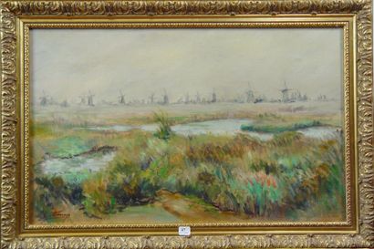Pierre Emmanuel DAMOYE "Etude de paysage hollandais" Huile sur panneau, signée en...