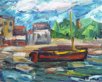 CHOTIN « Bateau à quai » Huile sur carton Dim : 33 x 41 cm