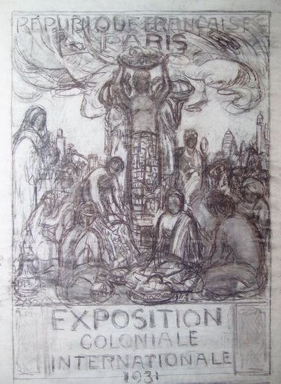 null Projet d'affiche pour l'exposition coloniale à Paris. 1931 Fusain sur papier...