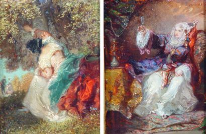 Baron Henri « Les galants surveillés » et « jeune femme buvant du vin » Deux peintures...