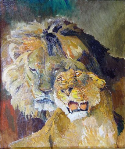 GUYOT « Lion et lionne » Huile sur toile signée en haut à gauche Dim : 55 x 47 c...