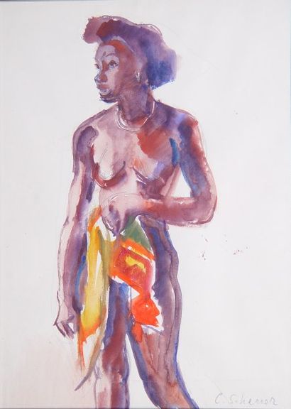 C. SCHERRER « Nu Africaine » Aquarelle signée en bas à droite Dim : 43 x 31 cm