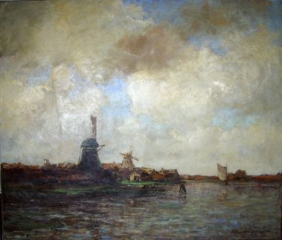 TADANA GROENEVELD Paysage Hollandais au moulin Huile sur toile signée en bas à droite...