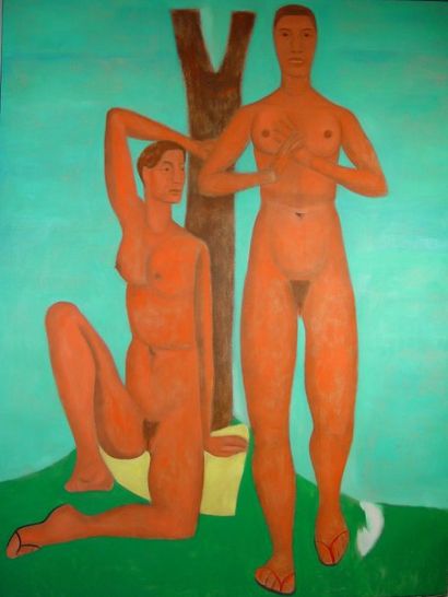 Marc DESGRANDCHAMPS : « Deux femmes nues sur l'herbe » Huile sur toile. Signée au...