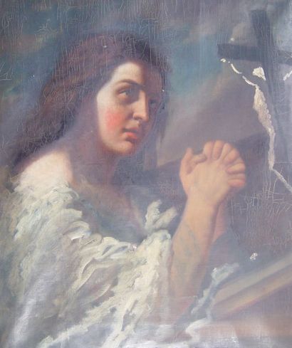 Ecole Italienne XIXe « Marie Madeleine en prière» Peinture sur toile. (Accidentée)...