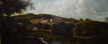 Ecole du Nord, XVIIIème S. « Paysage à la colline » Huile sur toile. Dim : 58 x 132...