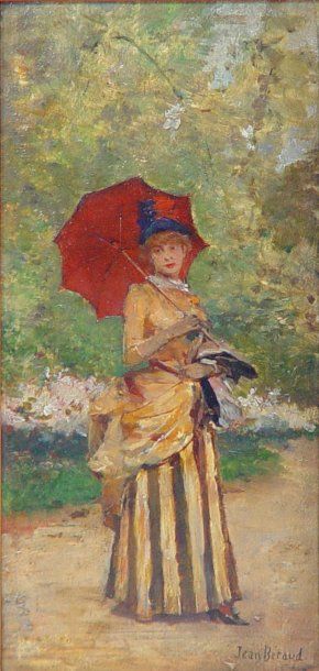 Jean BERAUD « Femme à l'ombrelle » Peinture sur panneau signée en bas à droite 20x9,5...