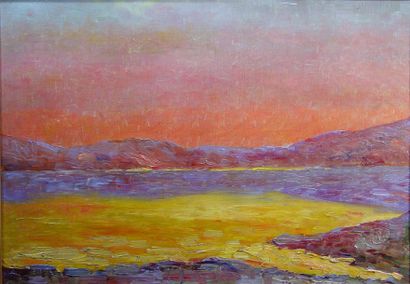 ECOLE FRANCAISE « Le coucher de Soleil » Huile sur toile Dim : 46 x 65 cm