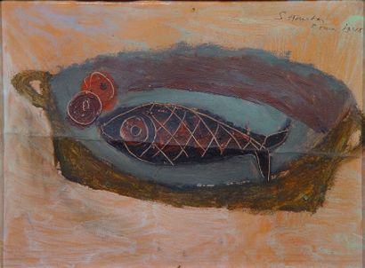 Simon HANTAI ( attribué) « Nature morte au poisson » Peinture sur carton Notée :Roma...