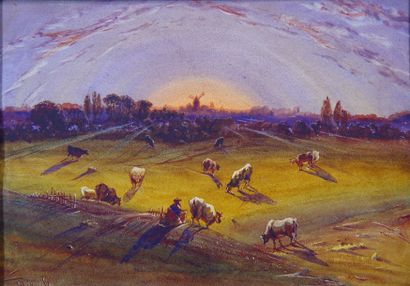 Antoine-Désiré HEROULT (1802-1853) « Vaches aux pâturages et moulin au soleil couchant...