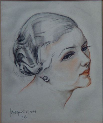 NAM : « Portrait de femme à la perle » Dessin signé en bas à gauche et daté 1933...