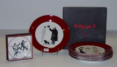 MAXIM'S Six assiettes et coupelles en porcelaine