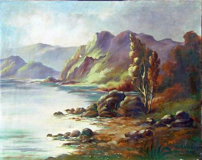 O. GUILLARD "Lac de montagne" Huile sur toile, signée en bas à droite et datée 1935...