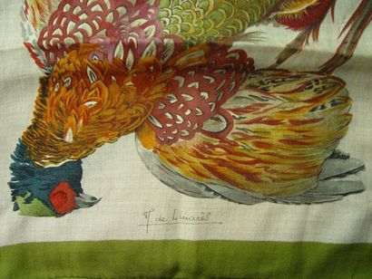 HERMES Paris Foulard en soie et cachemire, signé Henri de LINARES. Marge verte Bon...