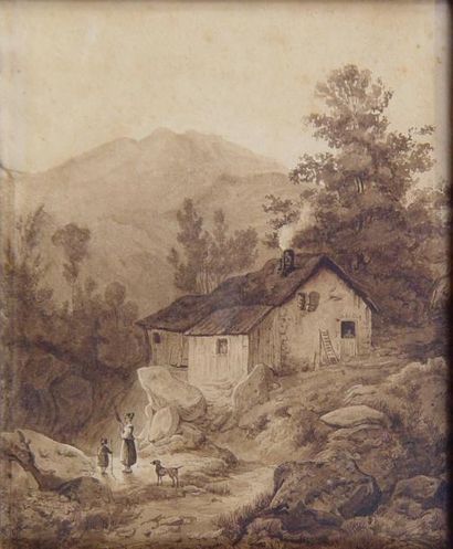 ECOLE FRANCAISE DU XIXème siècle La chaumière dans la montagne Lavis Dim: 20,5 x...