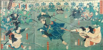 TOYOKUNI III Trois estampes japonaises réunies en triptyque représentant le prince...