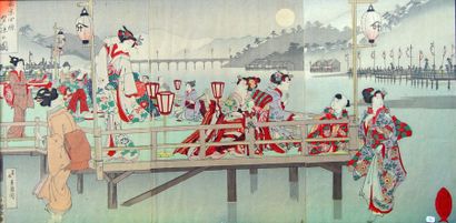 GEKO Trois estampes japonaises réunies en triptyque représentant des geishas au bord...