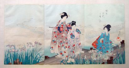 GEKO Trois estampes japonaises réunies en triptyque représentant trois geishas sur...