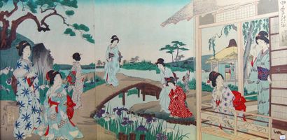 TOYOKUNI III Trois estampes japonaises réunies en triptyque représentant de nombreuses...