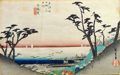 J. ROCHIGE Bateaux rentrant au port dans la baie de Edo. Signé, cachet Editeur. Japon,...