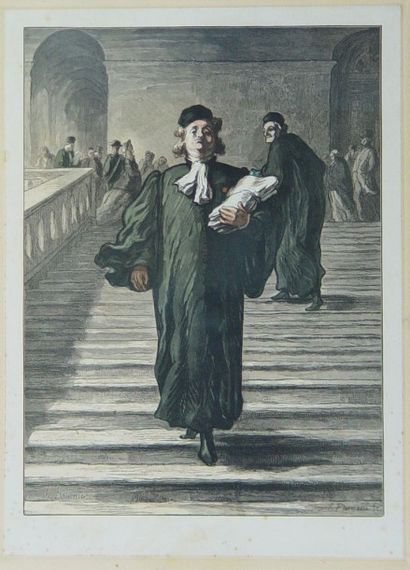 Alfred PRUNAIRE Le grand escalier du Palais Gravure d'après DAUMIER