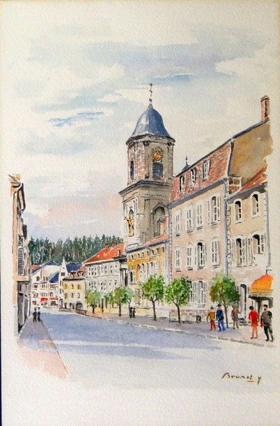 Y. BRUNET Rue animée Aquarelle, signée en bas à droite Dim: 47 x 31 cm