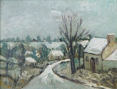 Gh. MORDO Village sous la neige Huile sur isorel, signée en bas à gauche Dim: 22...