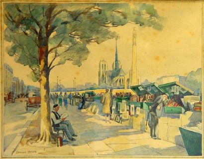 Edouard LEVERD "Bouquinistes sur les quais de Seine" Aquarelle, signée en bas à ...