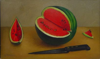 Georges ROHNER "Nature morte à la pastèque" Huile sur toile, signée en bas à gauche...