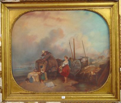 ECOLE XIXème SIECLE "Le retour de la pêche" Pastel Dim: 52,5 x 63 cm