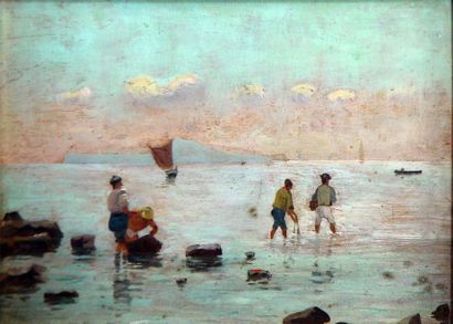 Edoardo MONTEFORTE "Pescatori di telline" Huile sur panneau, signée en bas à gauche...